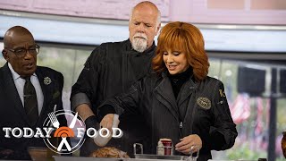Reba McEntire and Rex Linn cook pecan-smoked beer can chicken tacos