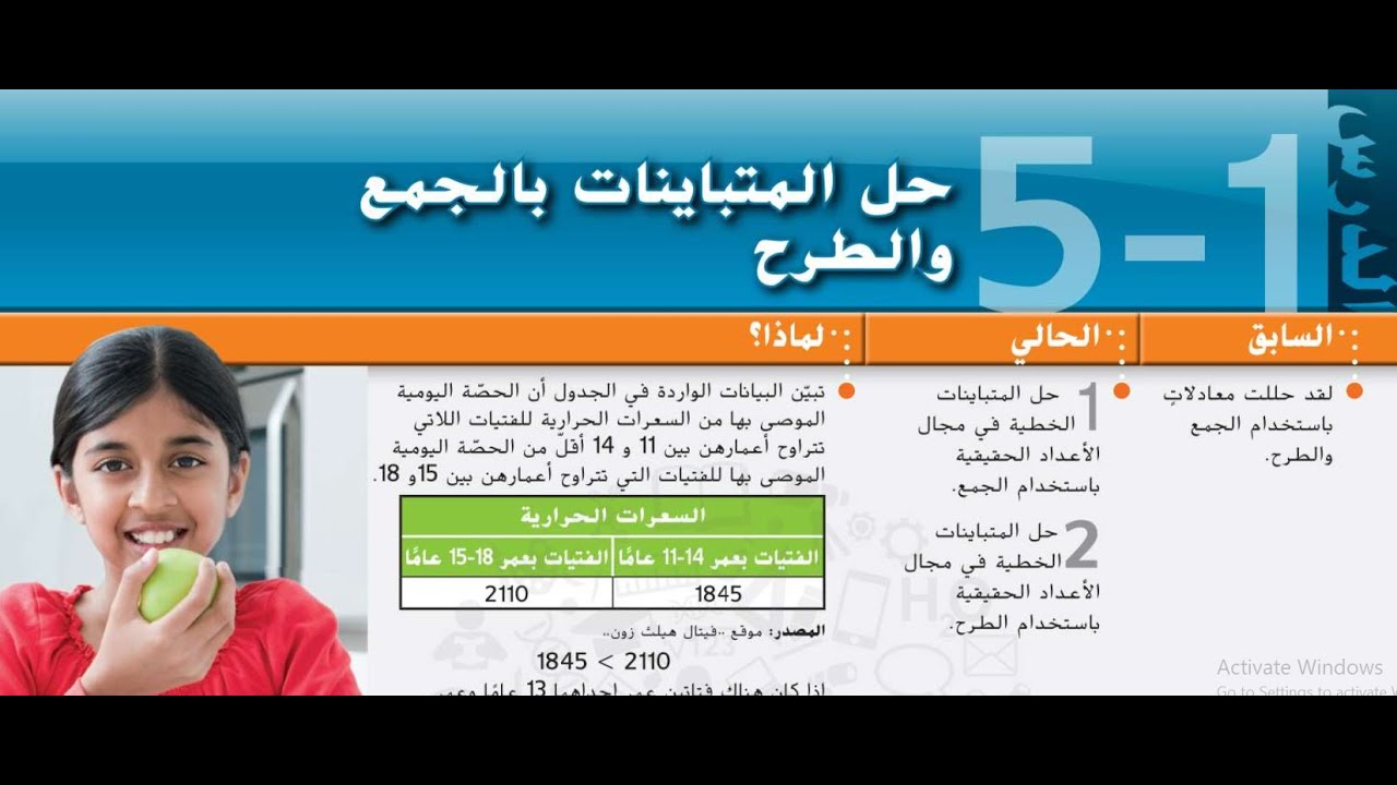 حل المتباينات بالجمع والطرح - الدرس الخامس - الصف التاسع