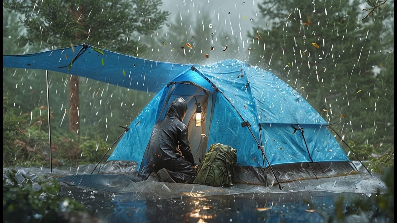 CAMPING IN THE HEAVY RAIN/THUNDER STORM // BUILDING A HIDDEN SHELTER IN ...