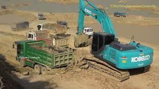 Excavator Kobelco Sk260Lc Loading Dump Trucks. Excavator Cambodia.