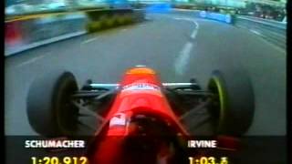 Eddie irvine wrestles the ungainly ferrari f310 around principality of
monaco, eventually achieving a solid seventh place on grid with time
1'21...