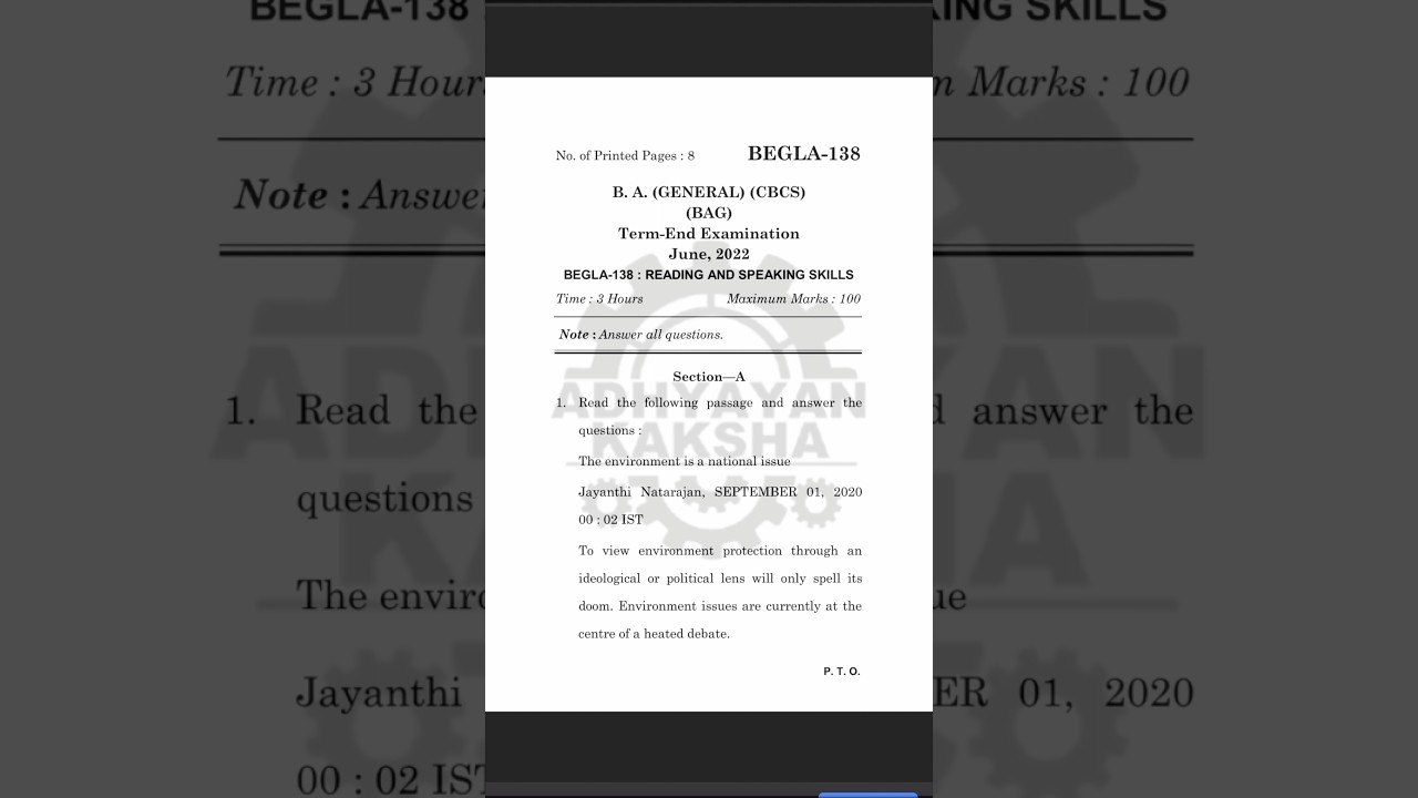 BEGLA 138 || READING & SPEAKING SKILLS || IGNOU PREVIOUS YEAR QUESTION PAPERS