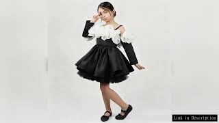 Children Long Sleeve Puffy Dress For Girls Black Spaghetti Strap Princess Gown Host Piano Performanc