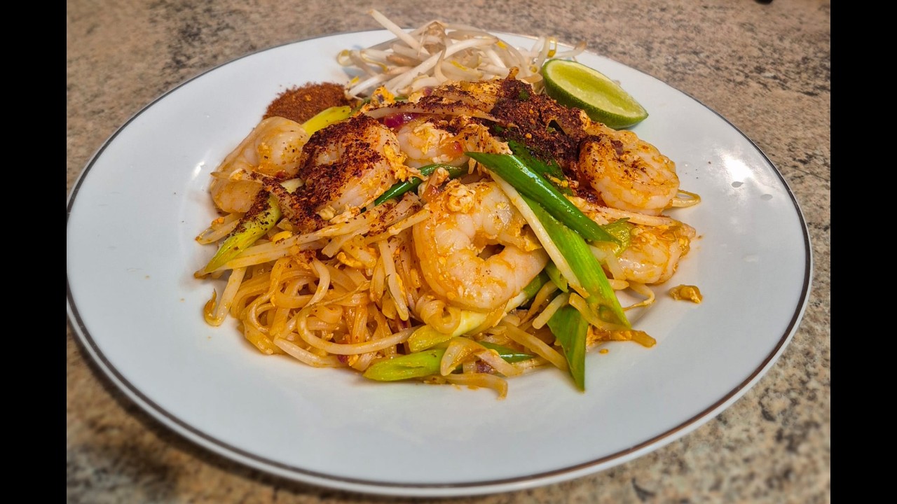 Pad Thai With Prawns and Noodles - Traditional Thai Food Dish