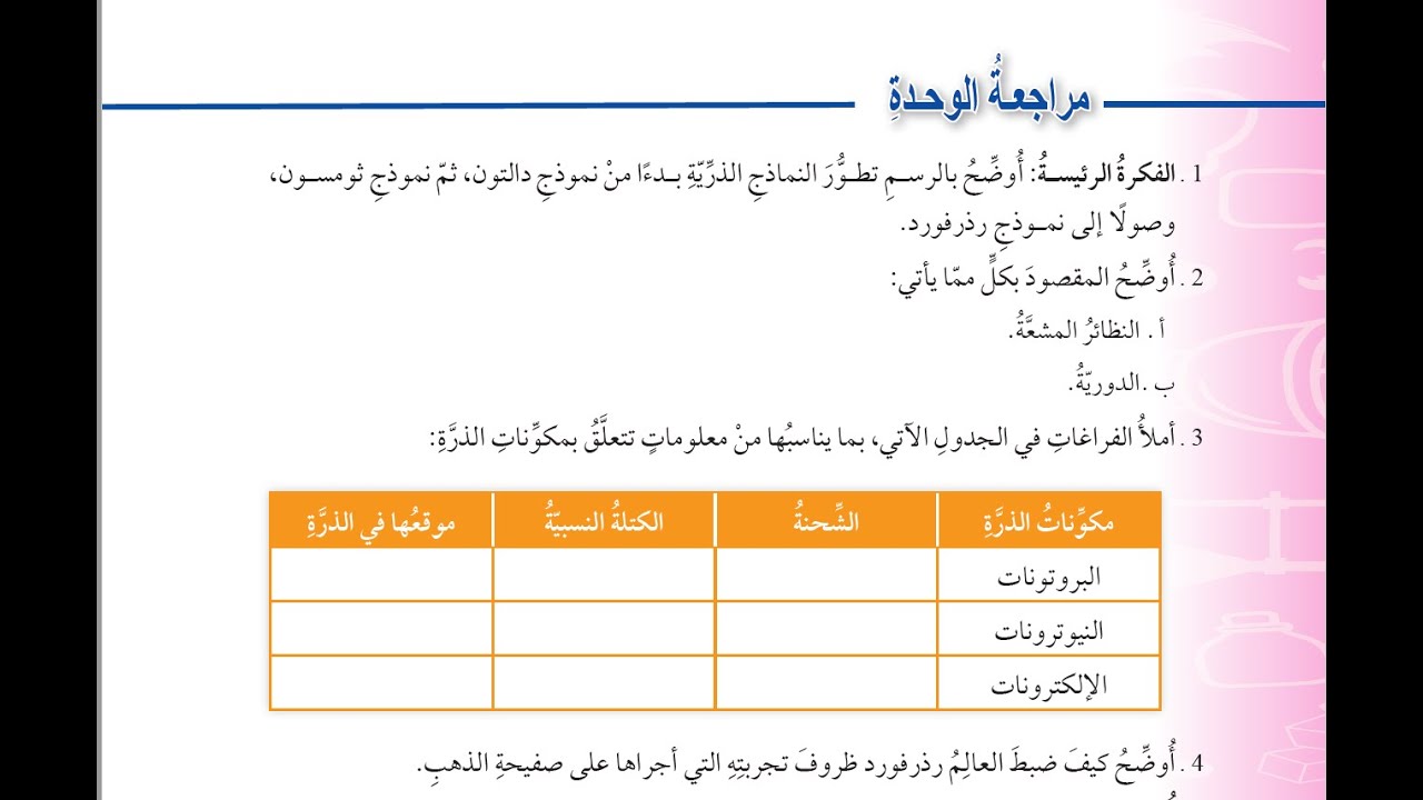 حل اسئلة الوحدة الأولى بنية الذرة الكيمياء للصف التاسع