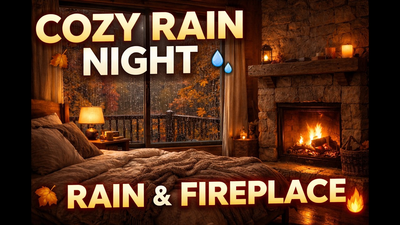 Cozy Bedroom Fireplace & Rain Sounds 🌧️🔥 Fall Night Ambience for Deep ...