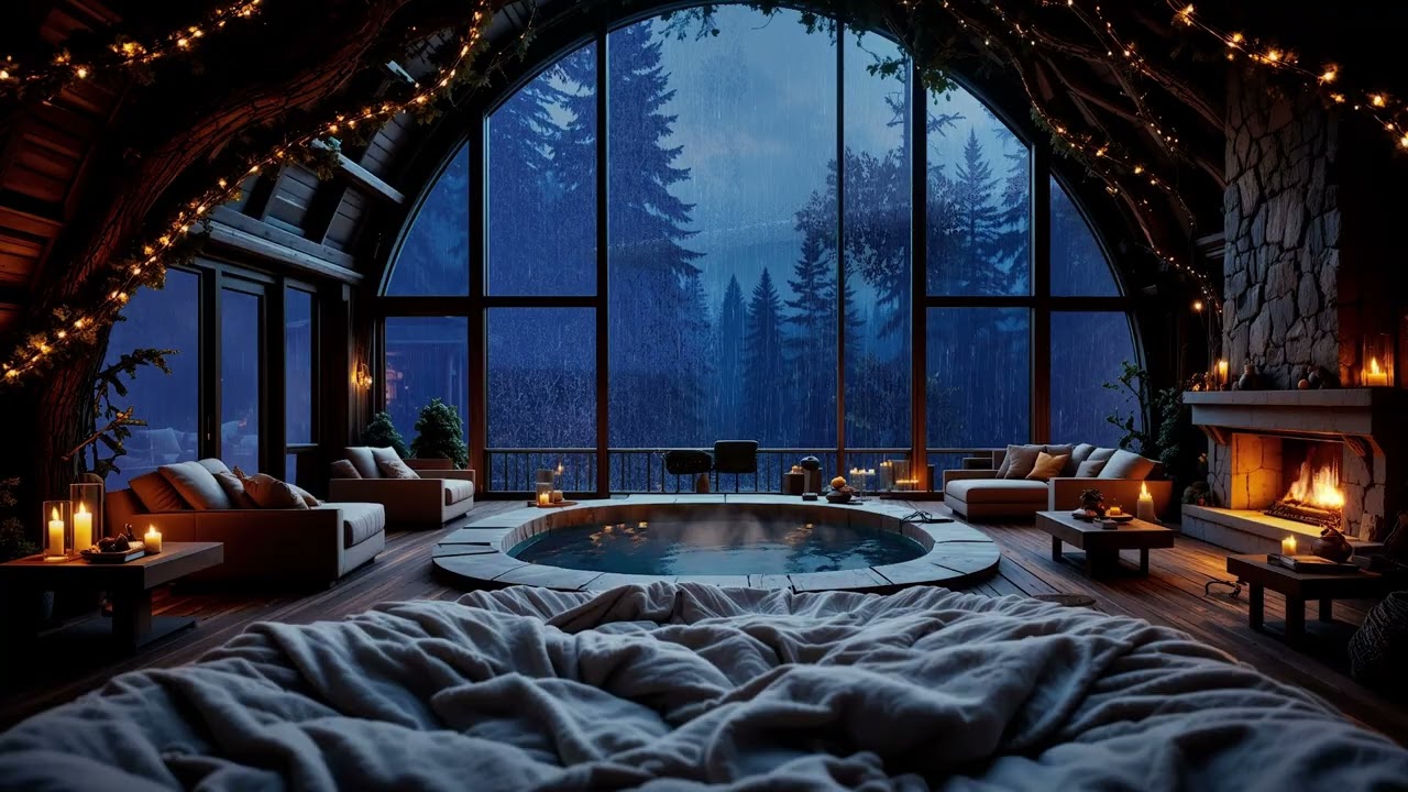 🌧️ Relaxing Rain Outside a Quiet Cabin  | Fireplace & Warm Water Ambience 🔥