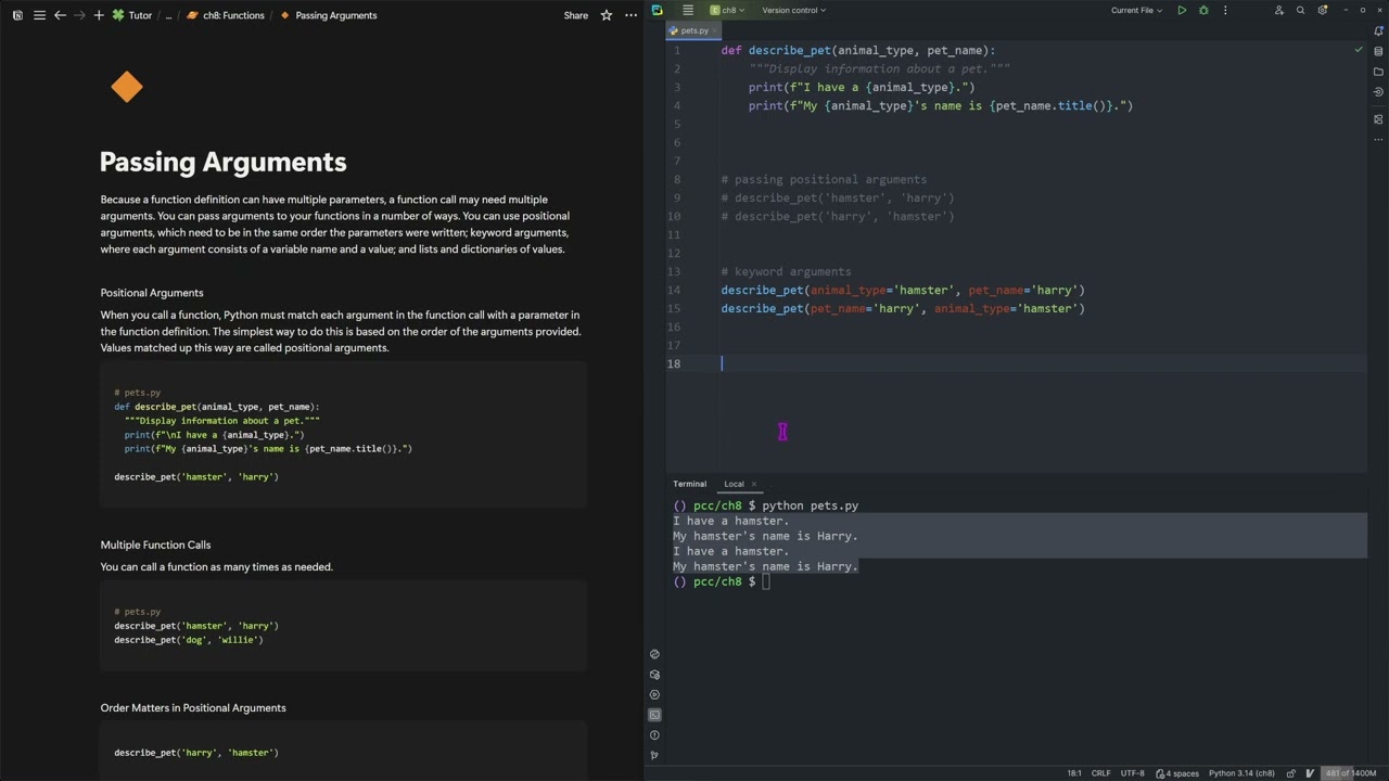 Python Crash Course ch8 functions: positional and keyword arguments