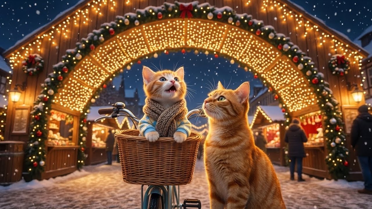 Adorable Ginger Kitten Explores the Christmas Market with Mama Cat
