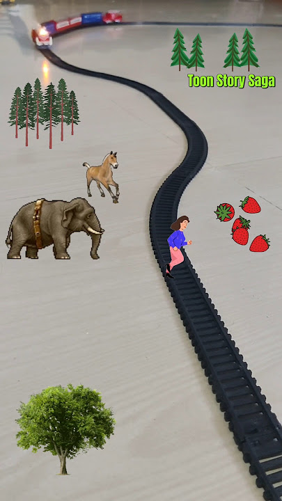 The Elephant and the horse are following the woman near the track and the train is approaching fast