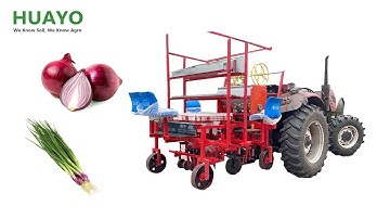 Transplant 4 Row Onion Seedling on Plastic Film and lay drip tape with the machine drive by tractor