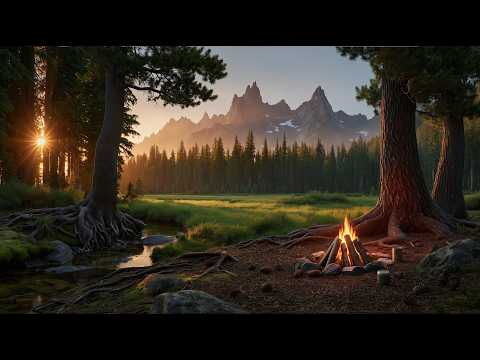 🌅 Campfire in the Mountains 🔥 Beautiful Forest Sunset with Creek & Birds | Relaxing Nature 12H