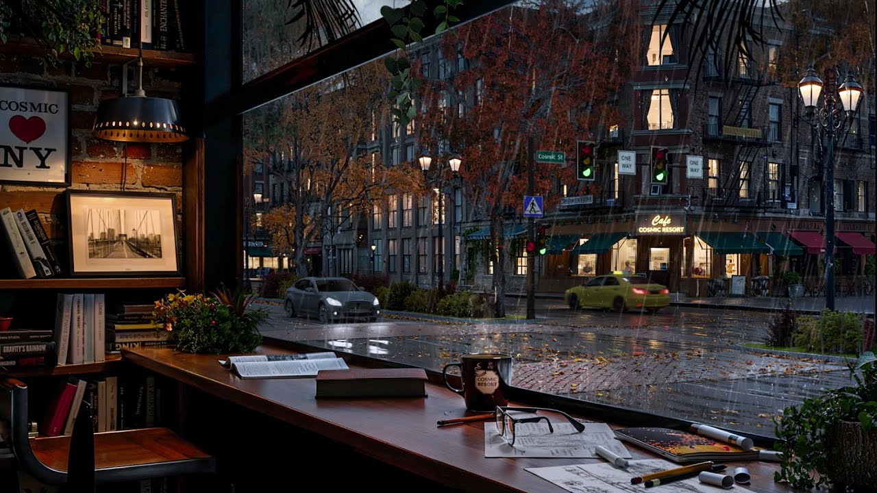 New York Autumn Coffee Shop Ambience ☕️🍂 / Rain and Distant Thunder Sounds for Study and Relaxation