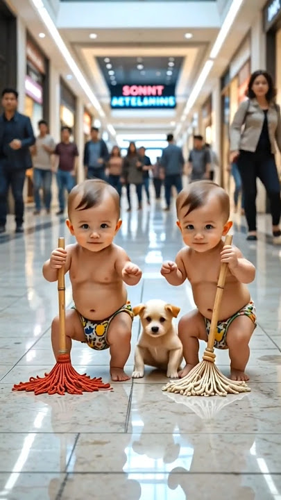 😂 Twin Babies Cleaning Mall Floor with Puppy | Cute Baby Dance & Funny Moments.
