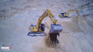 KOMATSU PC360LC &amp; KOMATSU PC490LC excavators digging in quarry