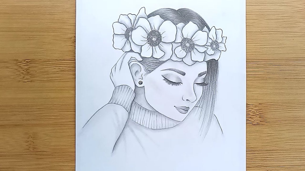 How to draw a girl with flowers - step by step / Beautiful hairstyle Pencil  Sketch - YouTube