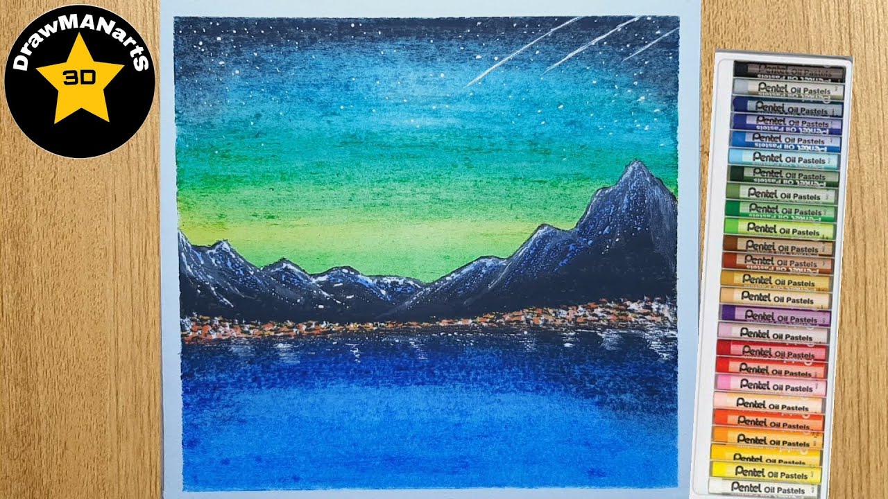 Easy oil paste drawing - mountain lake aurora borealis ... Easy oil paste drawing - mountain lake aurora borealis ...