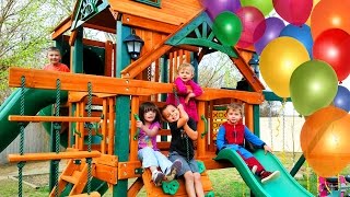 Surprise Kinder Playtime Playhouse Fun Kids Play on Swings Lots of Slides Friend Party Swingset | Today on Kinder Playtime we 