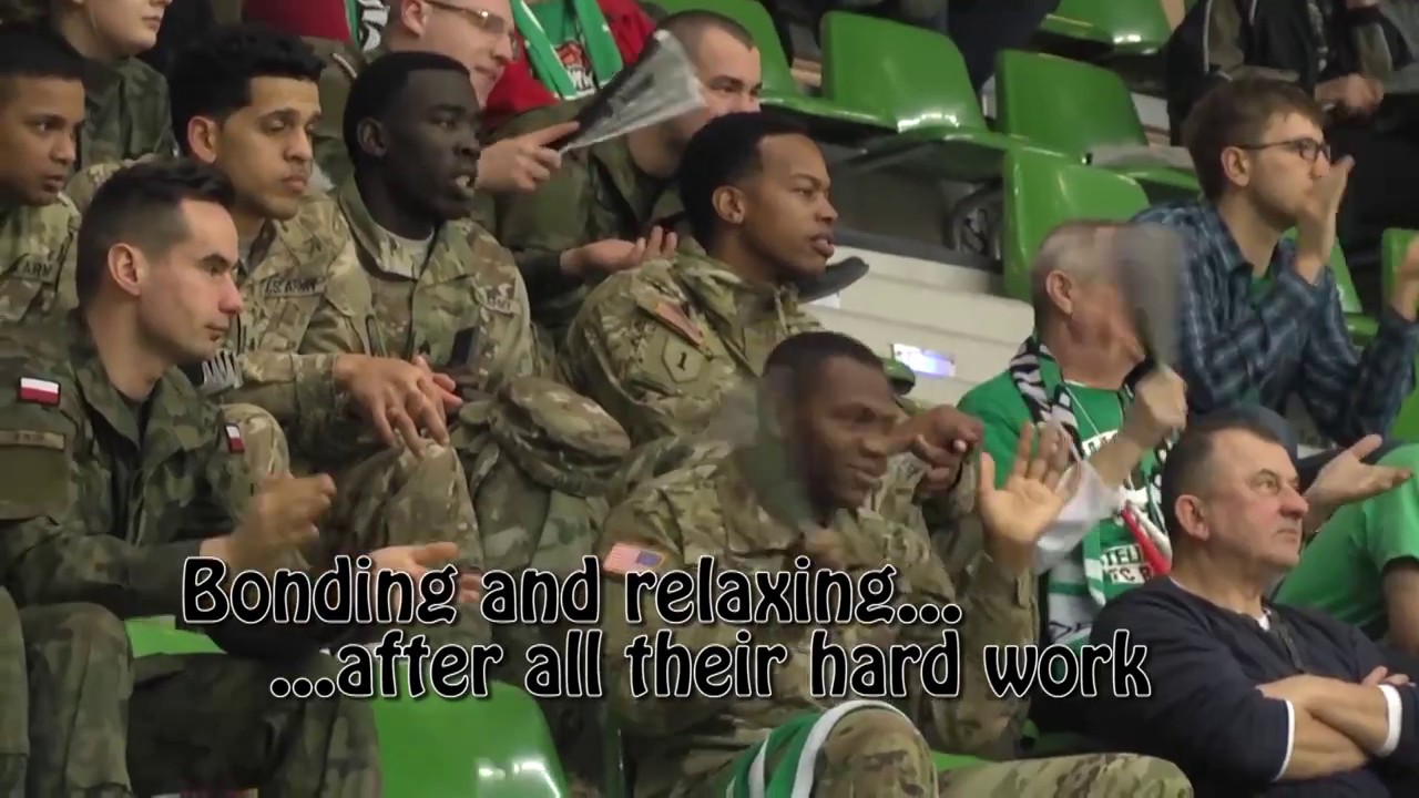 American and Polish Soldiers bond during basketball game