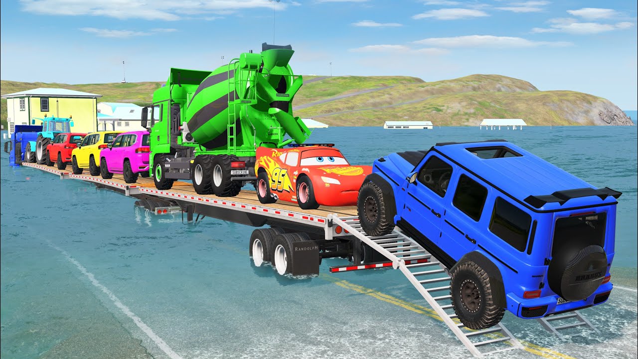 Triple Flatbed Trailer McQueen Transportation with Truck - Speedbumps vs Cars vs Train - BeamNG #34