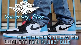 Best UNC Low so far. Air Jordan 1 Low OG Black and Dark Powder Blue unboxing and on feet review