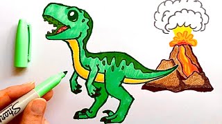 Dinozor nasıl çizilir?🦖/yanardağ, yeşil dinozor çizimi, how to draw a dinosaur🦕/ kolay resimler Resimi