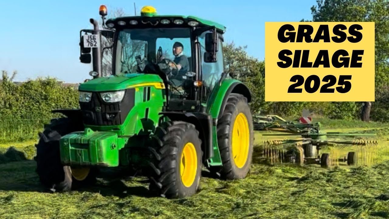 First cut grass silage is in the pit! John Deere 6R130 raking up and a Claas Jaguar 860