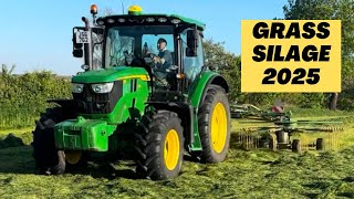 First cut grass silage is in the pit! John Deere 6R130 raking up and a Claas Jaguar 860