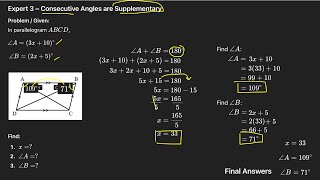 Consecutive Angles are Supplementary: Given the Parallelogram ABCD ∠ A = (3x + 10)° ∠B = (2x + 5)°