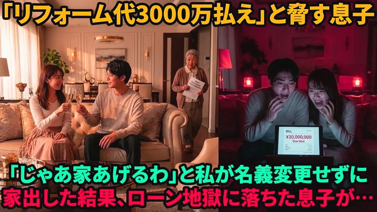【スカッと】勝手に実家を豪邸に改築し「3000万請求」してきた息子夫婦。「ラッキー！じゃあ家出するね」と私が去った後、ローン名義人の息子が発狂w【シニアライフ】【60代以上の方へ】