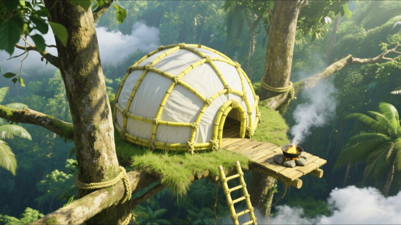 I Built a Hidden Tree Shelter Between Two Standing Giants