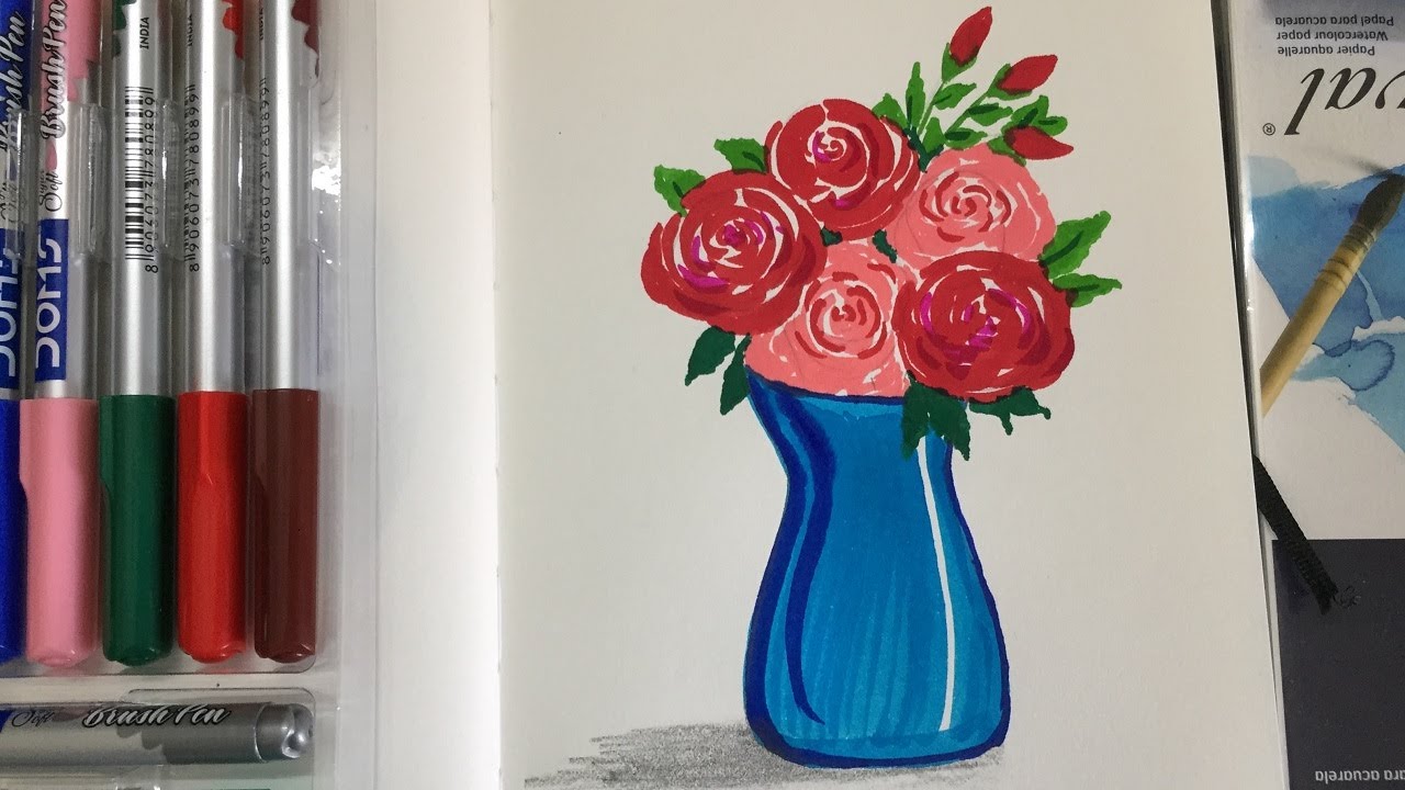 Flower Pot Drawing With Roses Brush