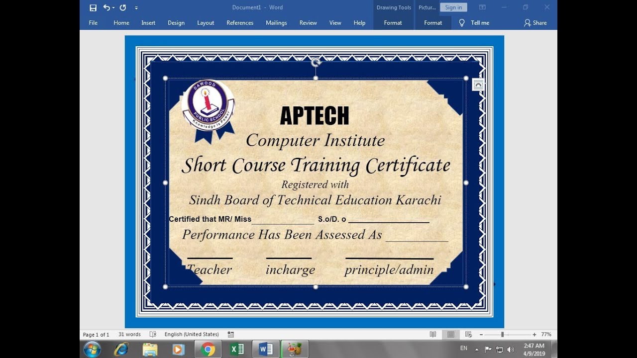 LESSON 24 How TO Make Certificate design On MS word Hindi YouTube