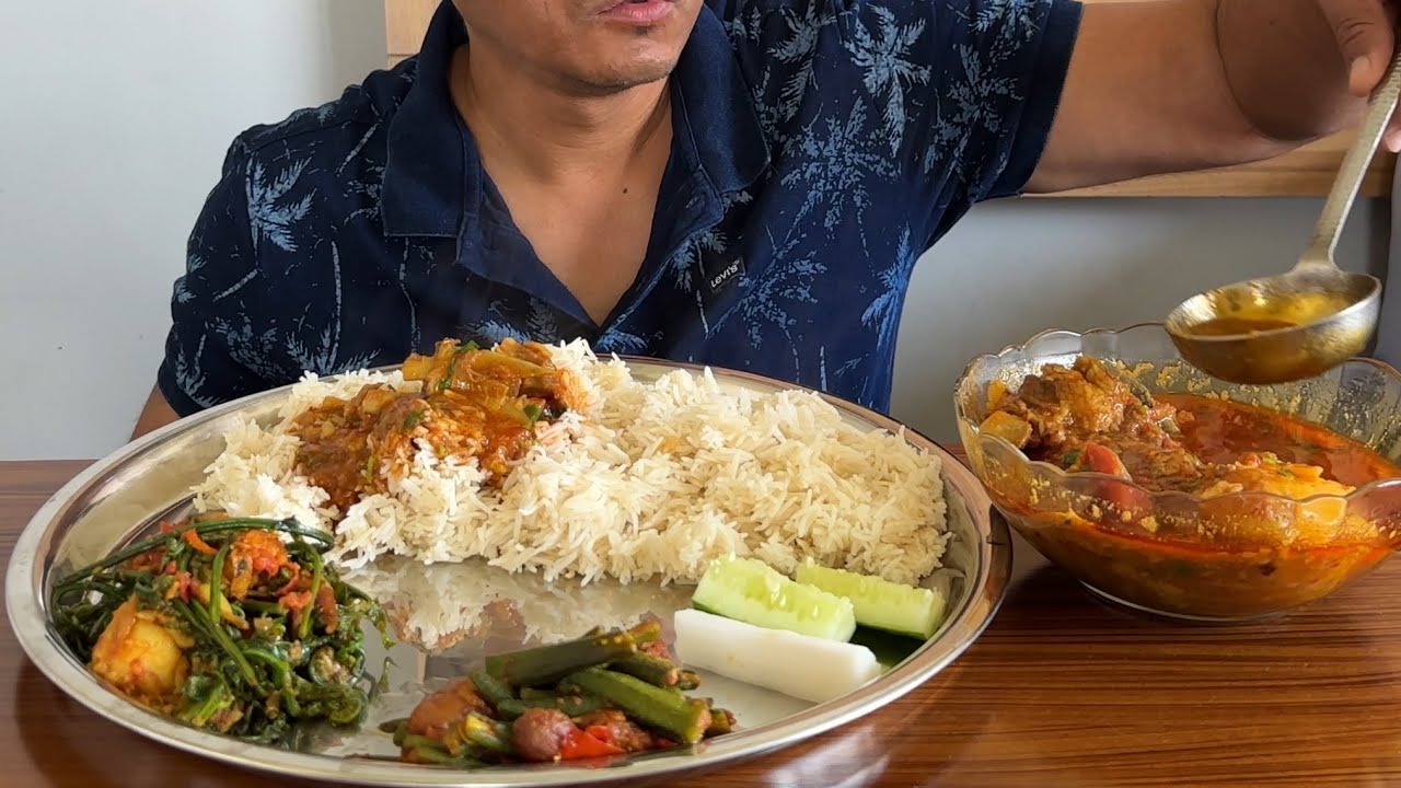 mutton curry rice eating | bhindi aloo ki sabji | khasi ko masu | niuro ...
