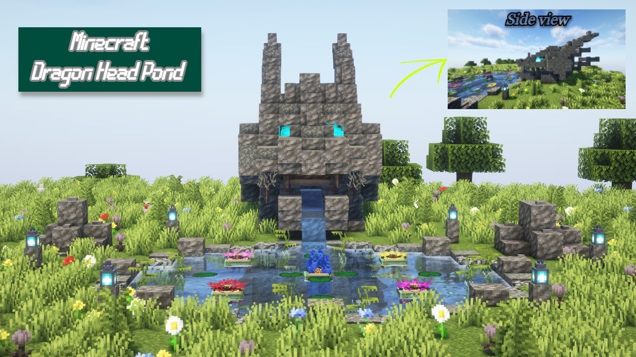 Minecraft | How To Build A Dragon Head Statue Pond Design [ Tutorial ...