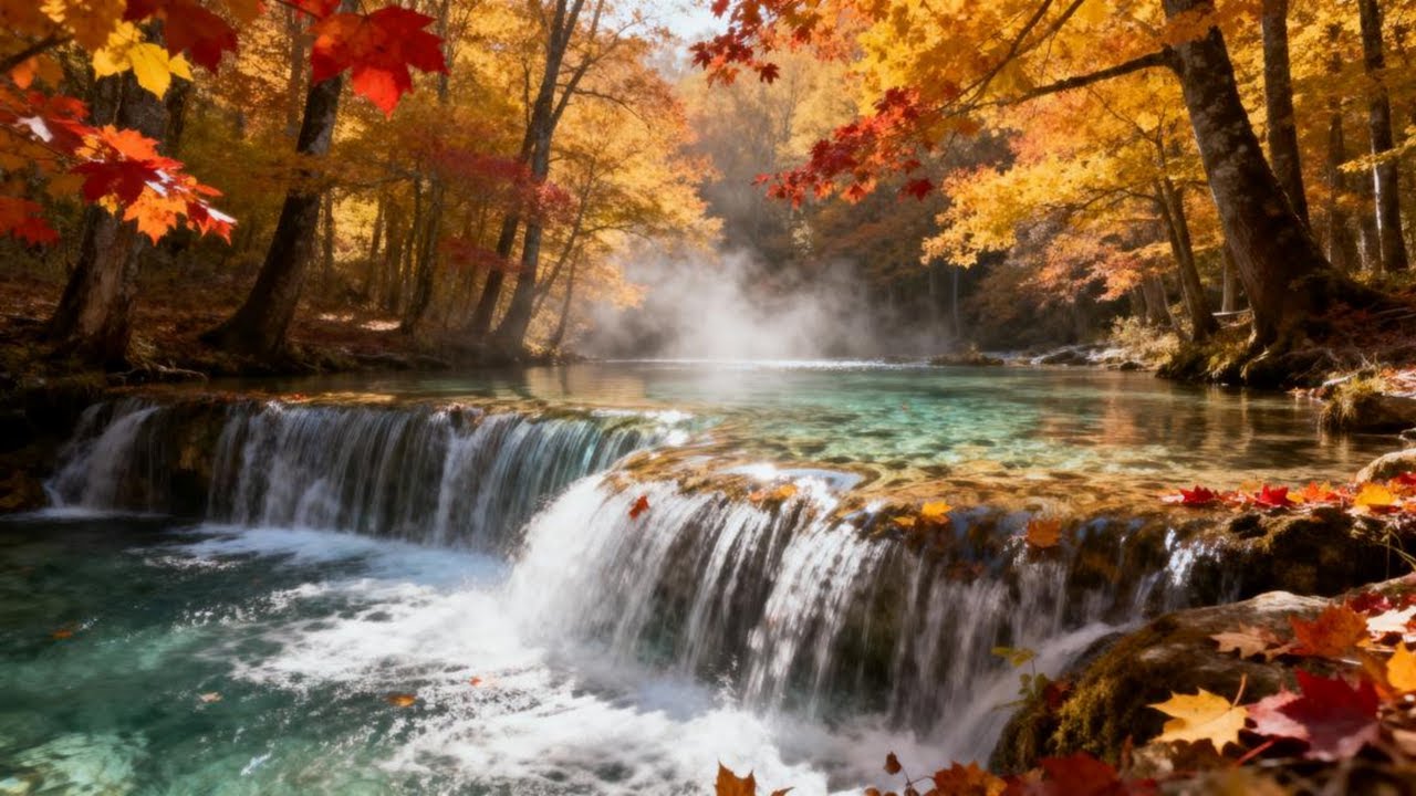 Autumn River Waterfall Live — Calming Nature Sounds for Study, Sleep ...