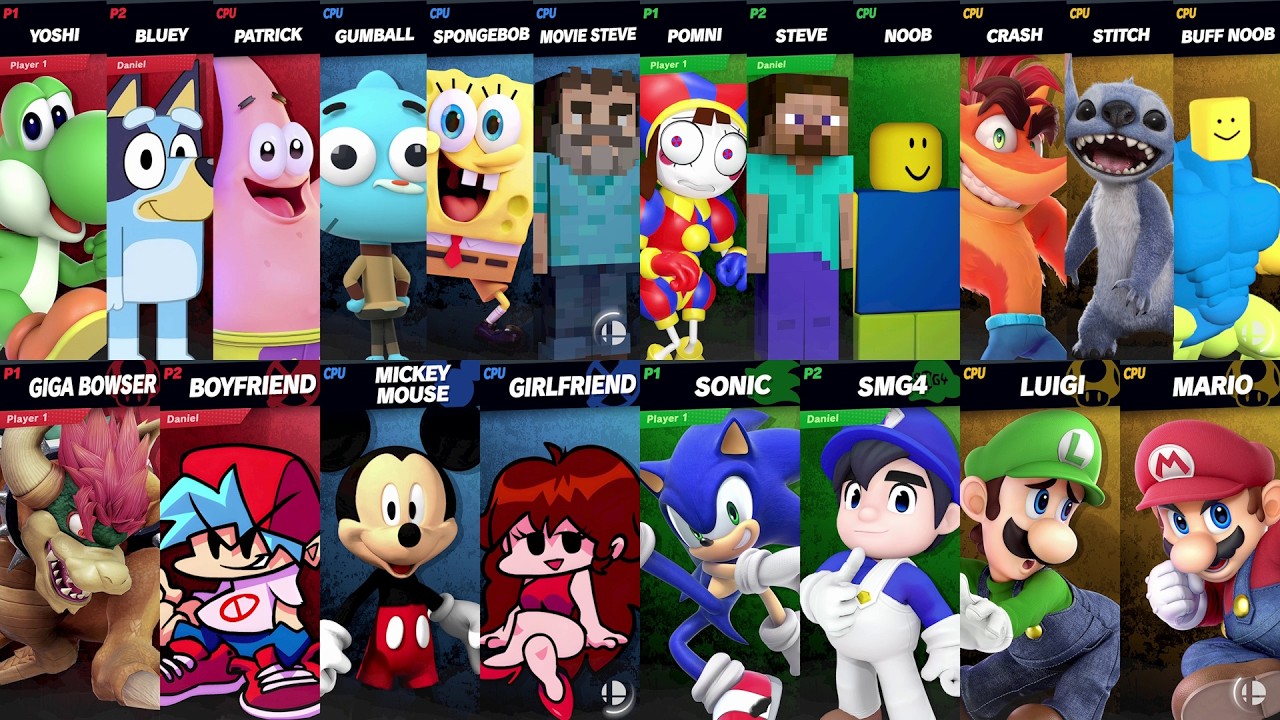 Sonic vs Mario vs Bluey vs SpongeBob vs Mickey vs Crash vs Roblox vs Minecraft | Super Smash Bros