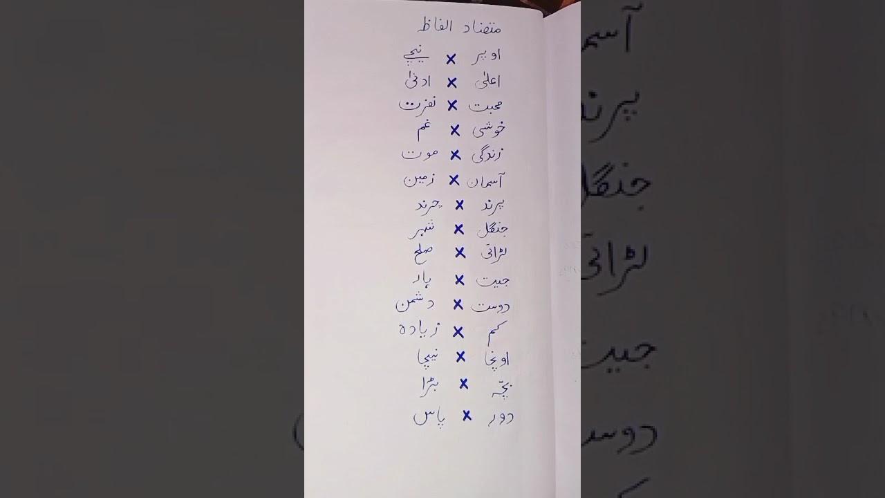 opposite words in Urdu for class 6 and 7 practice