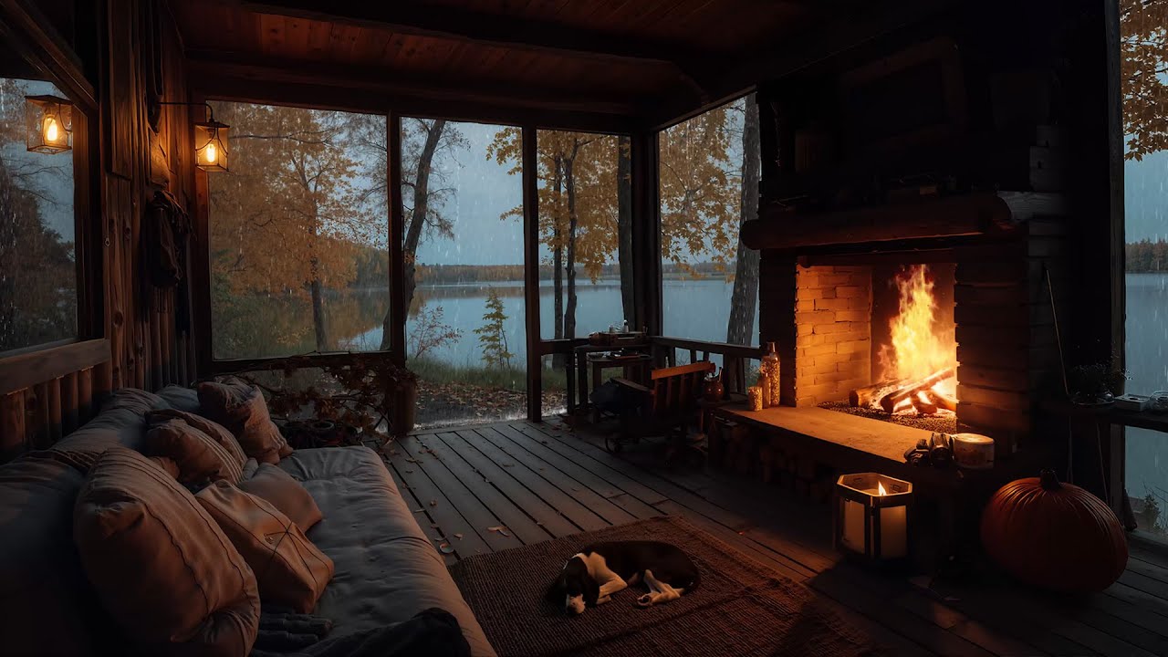 Rain by The Lake in Cozy Porch with Crackling Fire Sounds and Relaxing ...