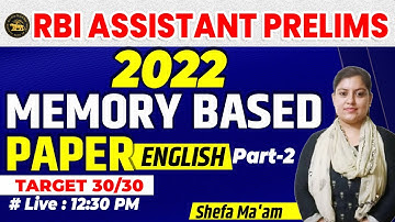 #Part-2 RBI Assistant Prelims 2022 || Memory Based Paper || Target 30/30 By Shefa Ma