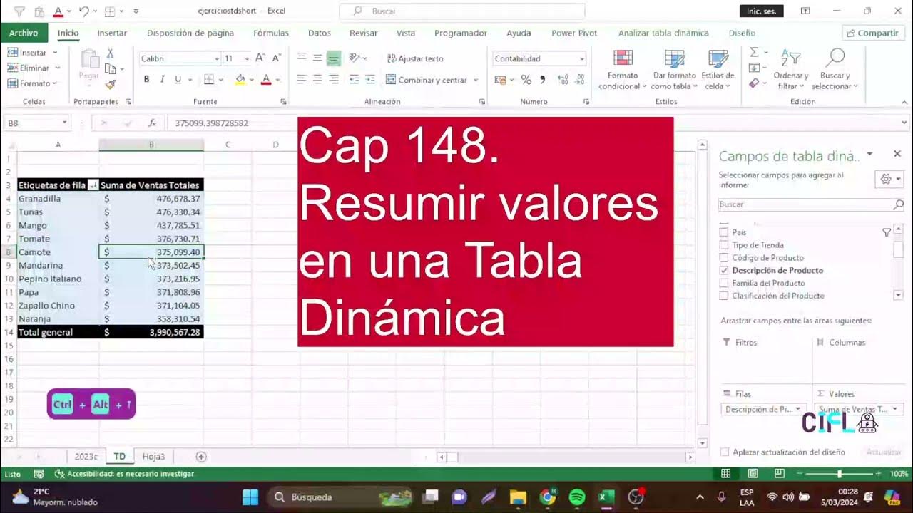 Cap148. Resumen de Valores en Tablas Dinámicas Promedio, Conteo, Suma