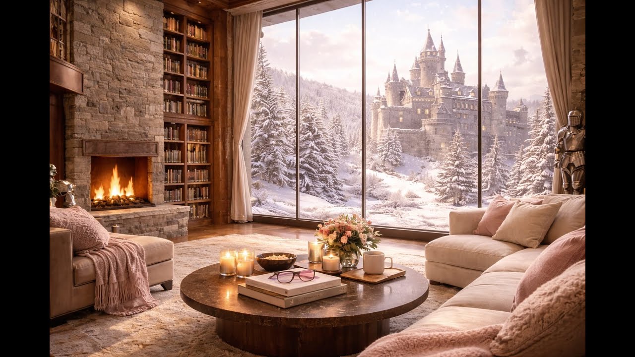 Snowy Day Castle Ambience ❄️ Cozy Fireplace & Soft Piano | Relax, Sleep, Study | 3 Hours