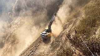 Most Dangerous Road Building Ever | Excavator on Rocky Mountain Cliff in Dust Clouds