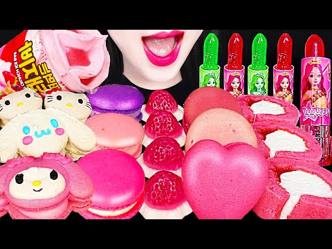 ASMR Sanrio Pink Dessert <strong>Macaron</strong> Ice Cream 산리오 핑크 디저트 먹방 Mukbang, Eating