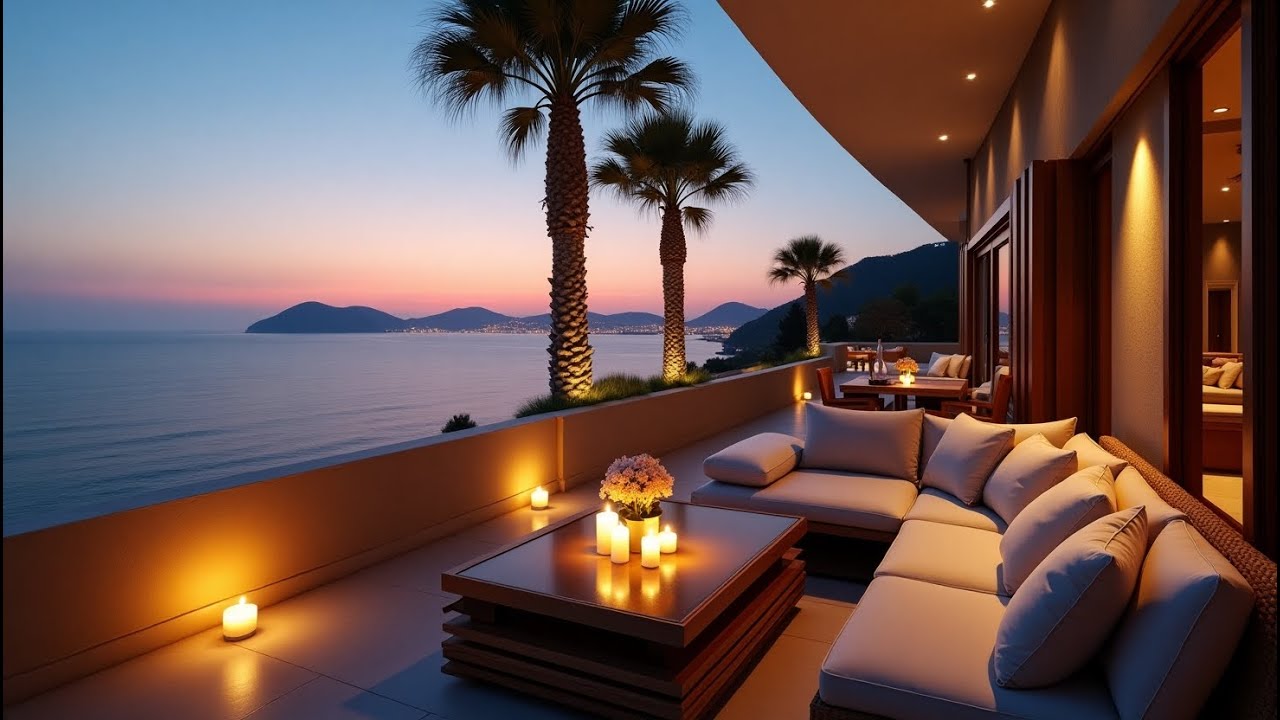 Relaxing Sunset on a Cozy Seaside Terrace | Ocean Waves Soundscape | 4K Ambience