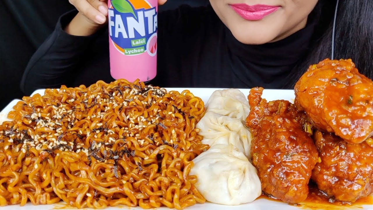 ASMR:EATING SPICY 2X FIRE NOODLES,MOMO,KOREAN FRIED CHICKEN