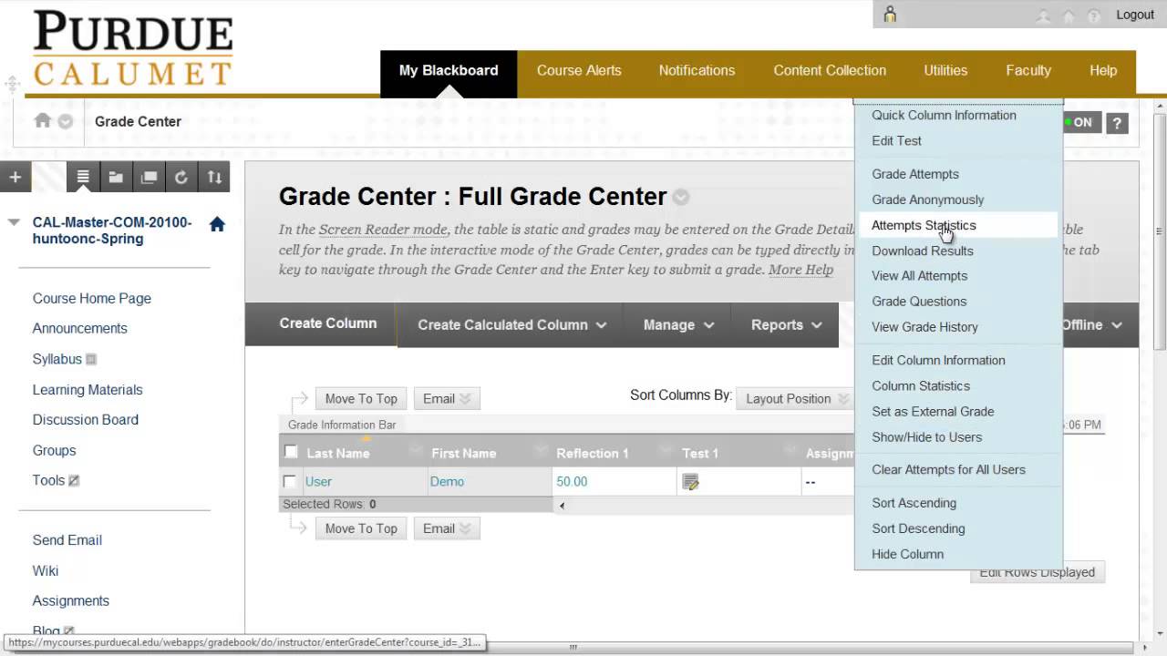 Blackboard Learn Viewing Statistics for a Test YouTube