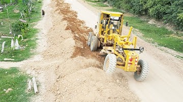 Best Technique Motor Grader Pushing Red Gravel Build New Road , Fast Build Foundation Road