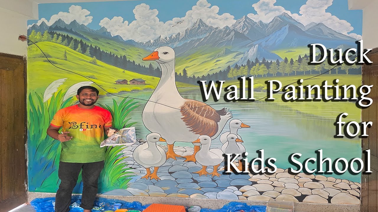 Красивая настенная роспись с утками для детской школы | Художественное оформление стен в школе | ...