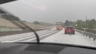 Hail covers Pennsylvania Turnpike toward New Stanton